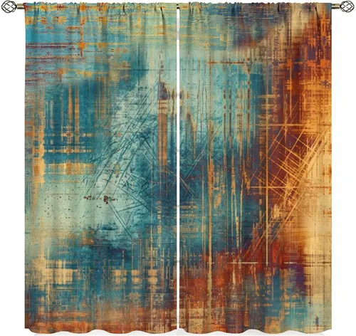 Vista 24 de Cortinas degradadas grises y negras, con textura geométrica moderna abstracta para cocina, dormitorio, sala de estar, juegos de 2 paneles