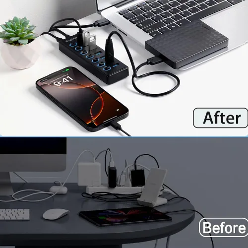 Vista 4 de Hub USB 3.0 SuperSpeed con línea de 1M, divisor de 7 puertos con interruptores de alimentación individuales y luz LED