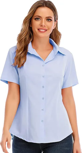 Vista 13 de Camisas básicas de oficina con cuello y botones para mujer, de fácil cuidado, de manga corta, con elástico