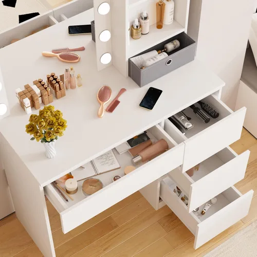 Vista 4 de Fameill Tocador de maquillaje con luces, escritorio de tocador de 37 pulgadas con espejo y luces, 4 cajones, 3 modos de iluminación, brillo