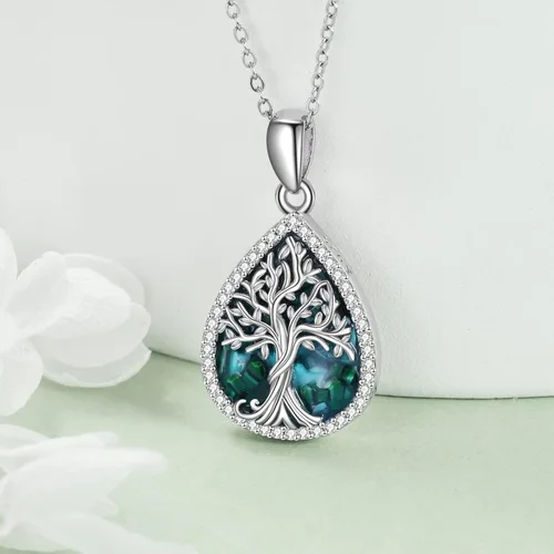 Vista 3 de ONEFINITY Collar de plata de ley 925 con diseño de árbol de la vida con colgante de nudo celta de concha de abulón para mujer