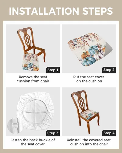 Vista 4 de Juego de 4 fundas elásticas para sillas de comedor, diseño de calabazas azules, naranjas y grises, fundas elásticas para sillas de cocina de Acción