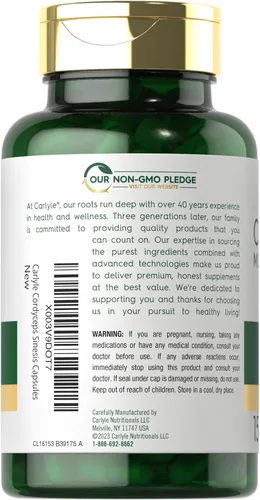 Vista 3 de Carlyle Cordyceps Cápsulas de hongos 150 unidades Extracto de hongos cepa CS-4 Sin OMG y sin gluten