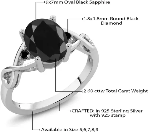Vista 5 de Gem Stone King Anillo de plata de ley 925, zafiro negro y diamante negro para mujer (2.60 quilates), disponible en talla 5, 6, 7, 8, 9), Metal Metal