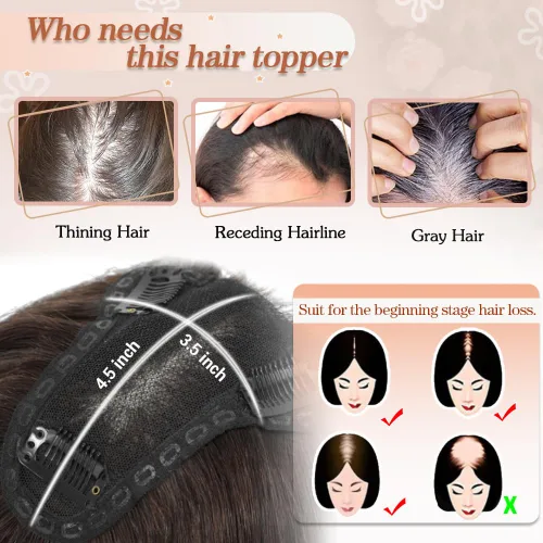 Vista 2 de Toppers de cabello humano real para mujer, con cabello delgado, con clip de flequillo (negro)