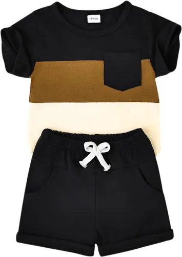 Vista 84 de Ropa para bebé niño pequeño, trajes de verano de manga corta, camiseta de retazos y pantalón con bolsillo, conjunto de 2 piezas, 12 meses a 4 años
