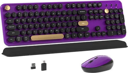 Vista 14 de MPTOG Combo de teclado y mouse inalámbrico de computadora colorido con teclas redondas estilo máquina de escribir, diseño retro, interruptor