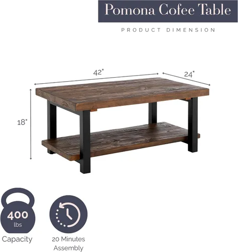 Vista 2 de Pomona - Mesa auxiliar rectangular de madera maciza de 42 pulgadas con estante de almacenamiento y patas de metal, mesa rústica industrial para sala