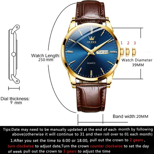 Vista 6 de OLEVS Tienda Watches, reloj de cuero marrón para hombre, reloj de fecha para hombre, reloj luminoso para hombre, reloj de vestir para hombre, reloj