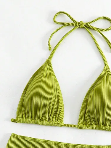 Vista 4 de COZYEASE Conjunto de bikini de 3 piezas para mujer, traje de baño triangular a rayas con falda de playa