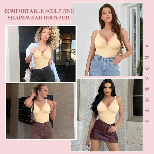 Vista 5 de AOSBOEI Body con cuello en V para mujer, sin mangas, tirantes delgados, camisolas, leotardo, sexy, informal, camiseta sin mangas para salir
