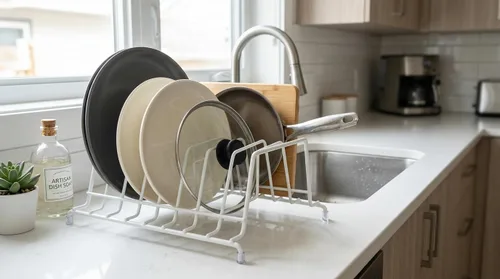 Vista 7 de Huji Soporte para platos, ollas, sartenes, tapa, organizador para gabinete, despensa o encimera de cocina (uno, blanco)