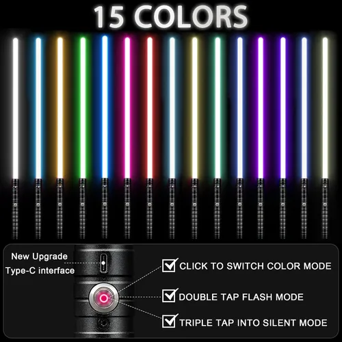 Vista 4 de Sable de luz 2 en 1 con mango de aleación de duelo, 15 colores RGB con 4 modos, 6 efectos de sonido, sable de luz desmontable recargable por USB