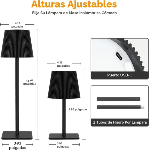Vista 5 de LUTEC Paquete de 2 lámparas de mesa inalámbricas, lámpara de escritorio a batería recargable de 6000 mAh, dos alturas ajustables, impermeable, Negro