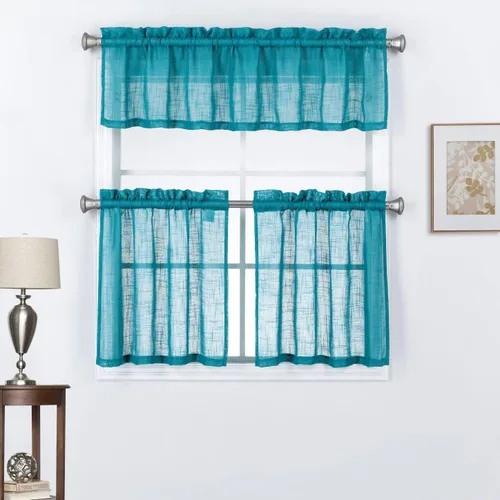 Vista 9 de Juego de 3 cortinas de lino con textura para ventana de cocina y cafetería, 24 pulgadas de largo, color negro