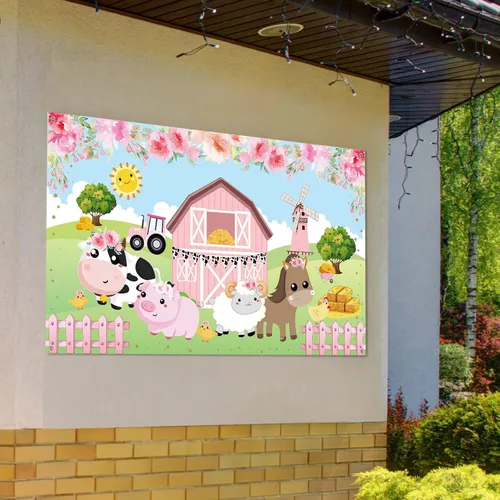 Vista 4 de Tatuo Pancarta de fondo de decoración de cumpleaños de granja rosa, tamaño grande, 3.6 x 6 pies, pancarta de fondo de animales de granero para baby