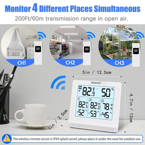 Vista 4 de Geevon Termómetro inalámbrico para interiores y exteriores con 3 sensores remotos, termómetro higrómetro digital, medidor de temperatura y monitor