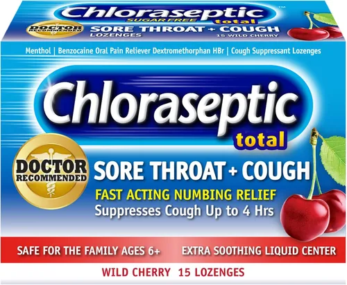 Vista 2 de Chloraseptic Total - Pastillas para garganta de cereza silvestre sin azúcar, 15 unidades y pastillas para el dolor de garganta de cereza, paquete