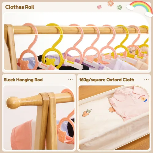 Vista 5 de Cozivolife Perchero de ropa para niños con caja de almacenamiento, soporte para vestir, soporte para ropa infantil con varillas para colgar, pequeño