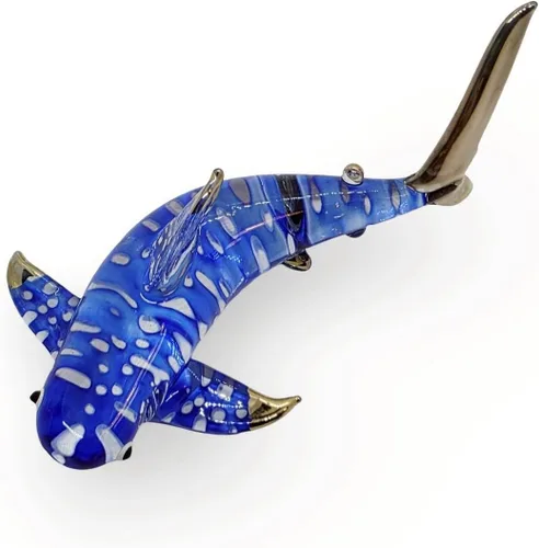 Vista 12 de Pequeña figura de tiburón blanco punteado azul dorado de 6.5 pulgadas, tiburones de vidrio soplado a mano, vida marina, peces marinos, animales