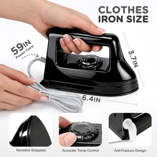 Vista 2 de Mini plancha para ropa, plancha de viaje, pequeña máquina eléctrica de prensa de calor para manualidades de camisetas, plancha portátil para la Negro