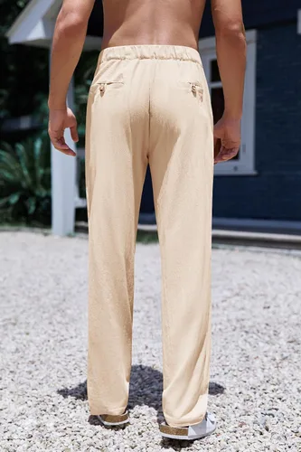 Vista 3 de PASLTER Pantalones sueltos de algodón y lino para hombre, casuales, ligeros, sin pinzas, pantalones de yoga y playa para hombres