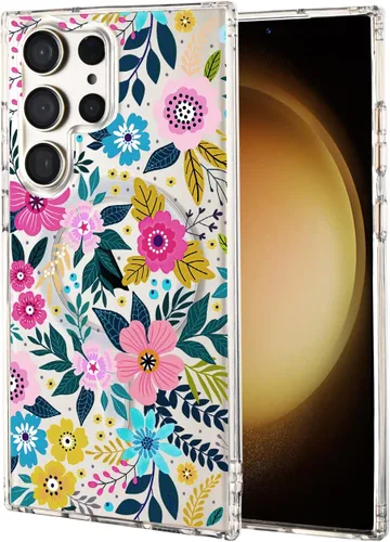 Vista 14 de Funda magnética para Samsung Galaxy S22 Ultra Flower, compatible con MagSafe, patrón floral transparente a prueba de golpes, parte trasera