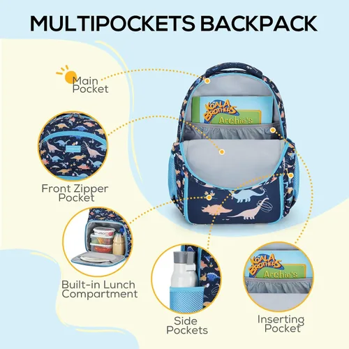 Vista 3 de mommore Mochila para niños con múltiples compartimentos, Dinosaurio, Mediana, Mochilas de viaje