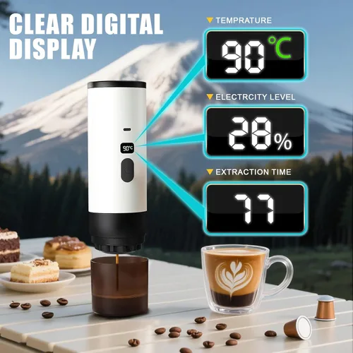 Vista 4 de Cafetera portátil de café expreso con batería de 7800 mAh y pantalla digital, cafetera de viaje autocalentable para campamento, automóvil