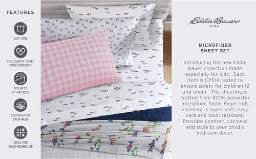 Vista 4 de Eddie Bauer Kids - Sábanas de tamaño individual, ropa de cama resistente a manchas para niños pequeños con fundas de almohada a juego, súper suave