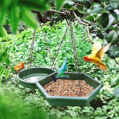 Vista 4 de Baño colgante para pájaros, 2 en 1 XL, comedero para pájaros y baño de pájaros para exteriores, comedero de agua para pájaros, bandeja