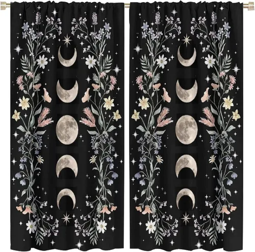 Vista 14 de Cortinas florales de luna, flores negras, fase de flores silvestres, luz de luna, jardín, estética, bohemio, primavera, vides, naturaleza, juego