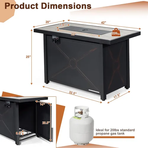 Vista 4 de Tangkula Patiojoy - Mesa rectangular de gas de 42 pulgadas, mesa rectangular de gas para exteriores de 60,000 BTU con mesa de cerámica, rocas