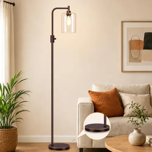 Vista 15 de 【Actualizada】Lámpara de pie regulable para sala de estar con pantalla de vidrio, lámpara de pie industrial moderna negra con bombilla LED de 900LM