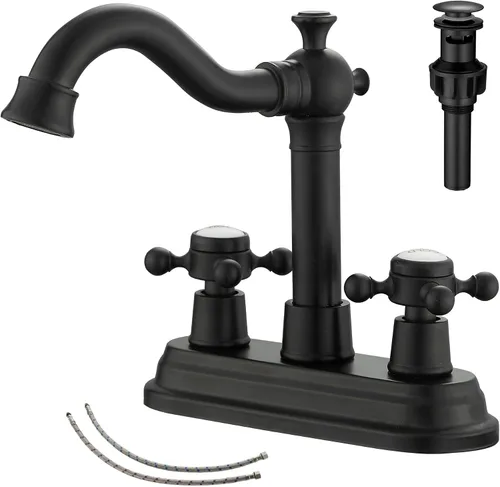 Vista 12 de Grifo de Baño GGStudy de Latón Antiguo de 2 Manijas de 4 Pulgadas Grifo Central de Tocador de Baño con Conjunto de Drenaje y Manguera de Suministro