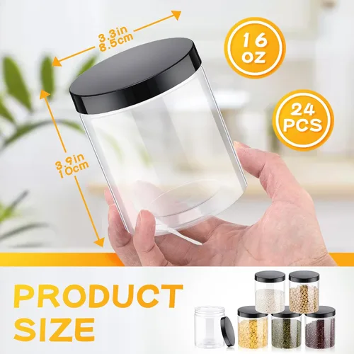 Vista 2 de Irenare 24 frascos de plástico de 16 oz con tapas, recipientes de plástico transparente de boca ancha, frascos tipo Mason para alimentos