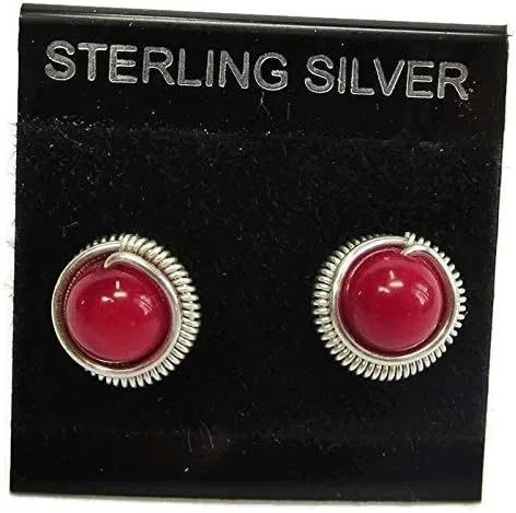 Vista 2 de Red Coral & Sterling Silver Coiled Stud Post Wire-Wrapped Earrings