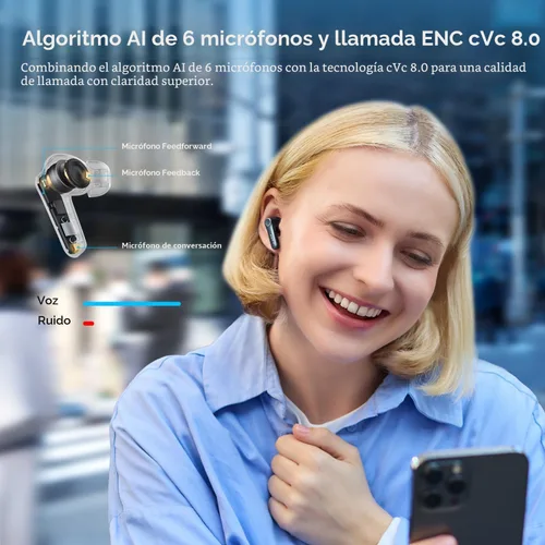 Vista 5 de EarFun Air Pro 4 Auriculares inalámbricos con cancelación de ruido híbrida adaptativa, sonido Qualcomm Snapdragon, aptX™ sin pérdida, 6 micrófonos