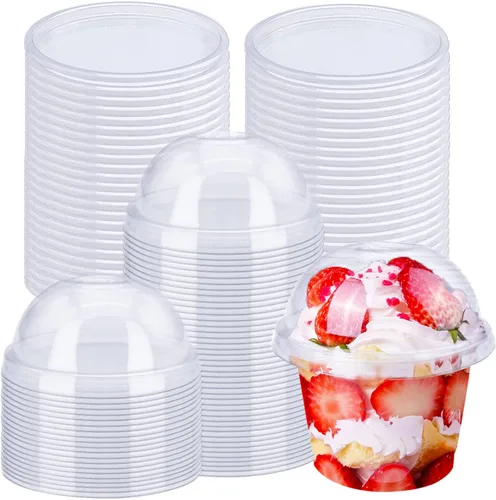 Vista 8 de Alaeseje Paquete de 100 vasos de plástico de 8 onzas con tapas de cúpula (agujero en la tapa), vasos transparentes de PET, vasos de postre