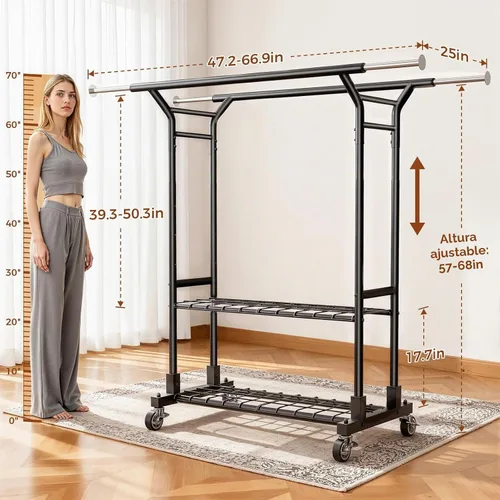 Vista 6 de Luxspire - Percheros de doble barra para colgar ropa, carga de 650 libras, color negro Zinc-iron alloy frame, 2-tier sturdy shelves, lockable