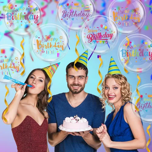 Vista 5 de Whaline 36 calcomanías de globos de cumpleaños Bobo con globos de burbujas transparentes de 18 pulgadas, juego de globos Bobo para cumpleaños, baby