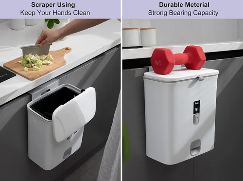 Vista 5 de Sooyee Bote de basura con tapa, cubo de basura pequeño de 2.4 galones, contenedor de plástico para abono colgante o de pie para Blanco