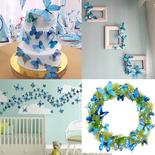 Vista 6 de Ewong 60 piezas de decoración de pared de mariposa 3D, calcomanías de pared Azul