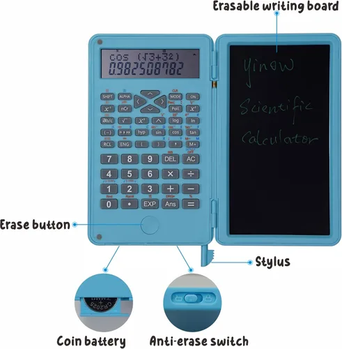 Vista 2 de Calculadora científica con tableta de escritura LCD borrable, pantalla de 2 dígitos de mano, tamaño de bolsillo, calculadoras portátiles