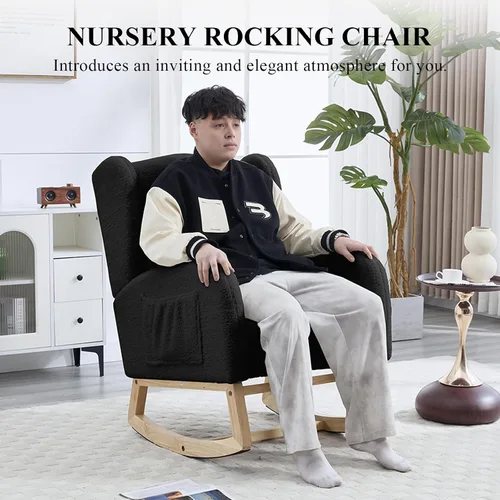 Vista 5 de NIOIIKIT Silla Mecedora de Guardería con Reposapiés, Silla Deslizante Tapizada Teddy, Reclinable Deslizante de Guardería con Bolsillo Lateral