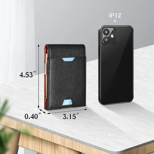 Vista 3 de Cartera plegable para hombre con clip para dinero, bolsillo frontal minimalista de cuero con bloqueo RFID