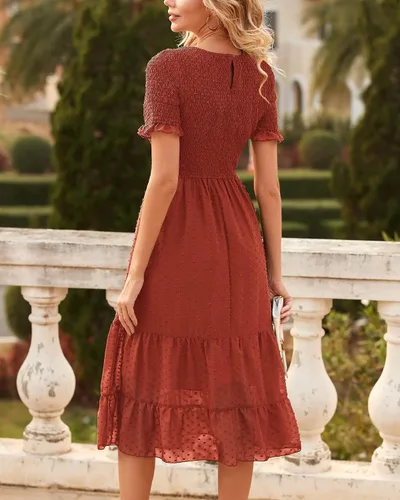 Vista 5 de NOLLSOM Vestidos de verano de manga corta con volantes para mujer, cuello redondo liso, fruncido, lunares suizos, vestido bohemio, vestido de cóctel