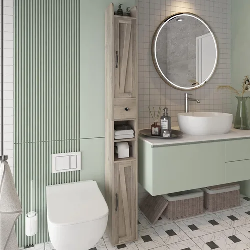 Vista 11 de Maupvit Armario de almacenamiento de baño con 2 puertas de vidrio esmerilado, armario de almacenamiento alto y estrecho con puertas y estantes