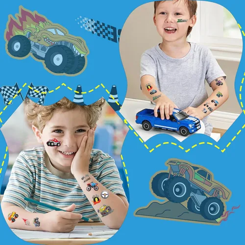 Vista 3 de 150 tatuajes temporales precortados de Monster Truck Race Car para niños Recuerdos de fiesta de cumpleaños temáticos súper lindos, suministros