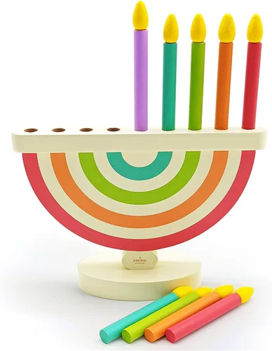 Vista 5 de Paquete de 2 menorá de Janucá de madera para niños con velas extraíbles